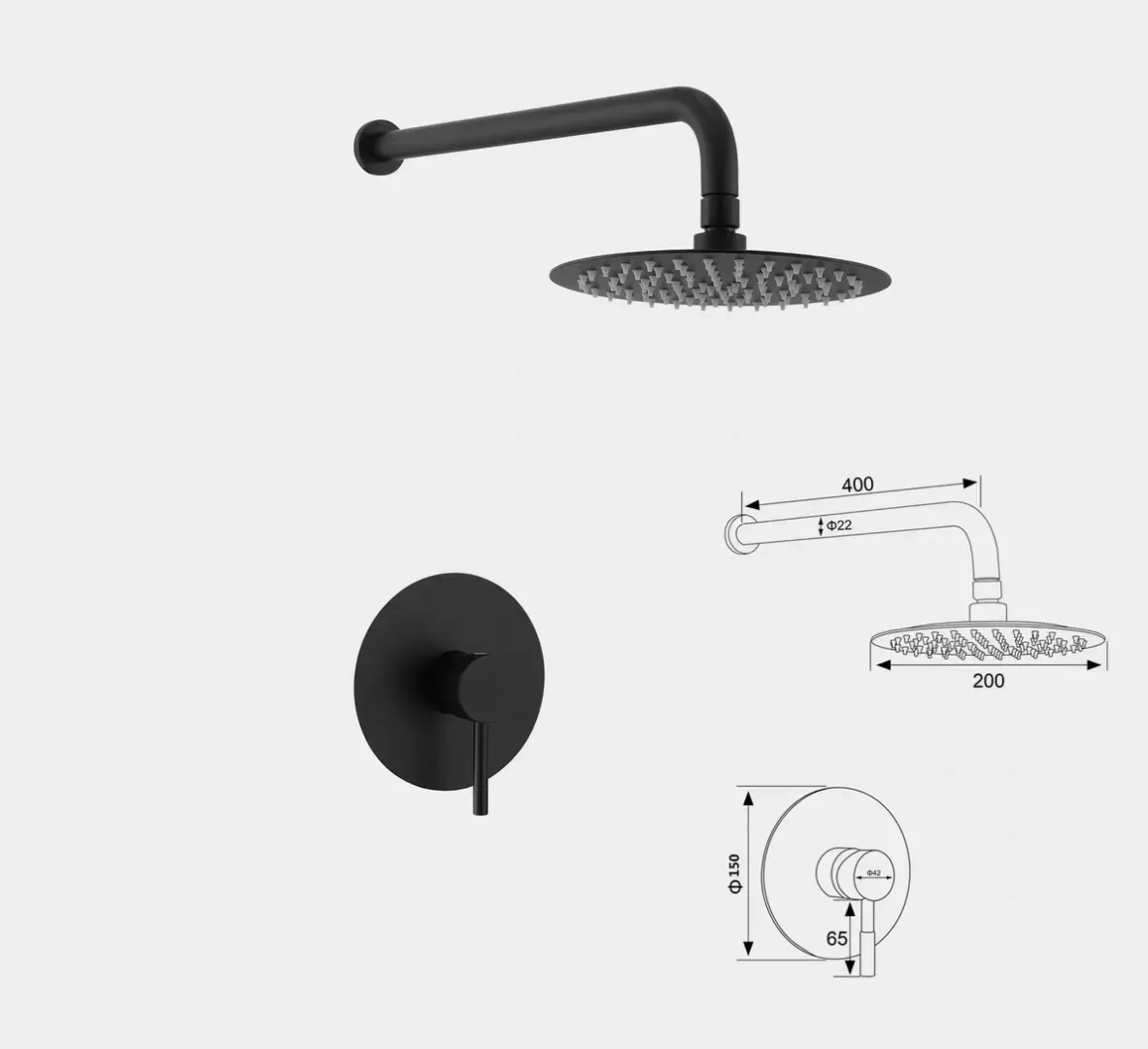 Matte black concealed shower system with 200 mm rainfall head, 400 mm wall arm and round control
