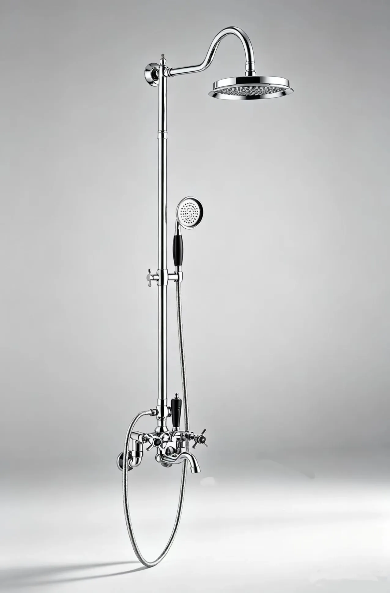 Polished chrome vintage rainfall shower with hand spray and tub spout