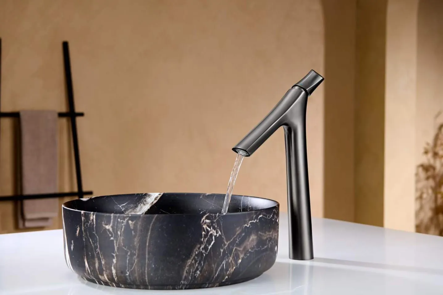 tall basin faucet black vessel view