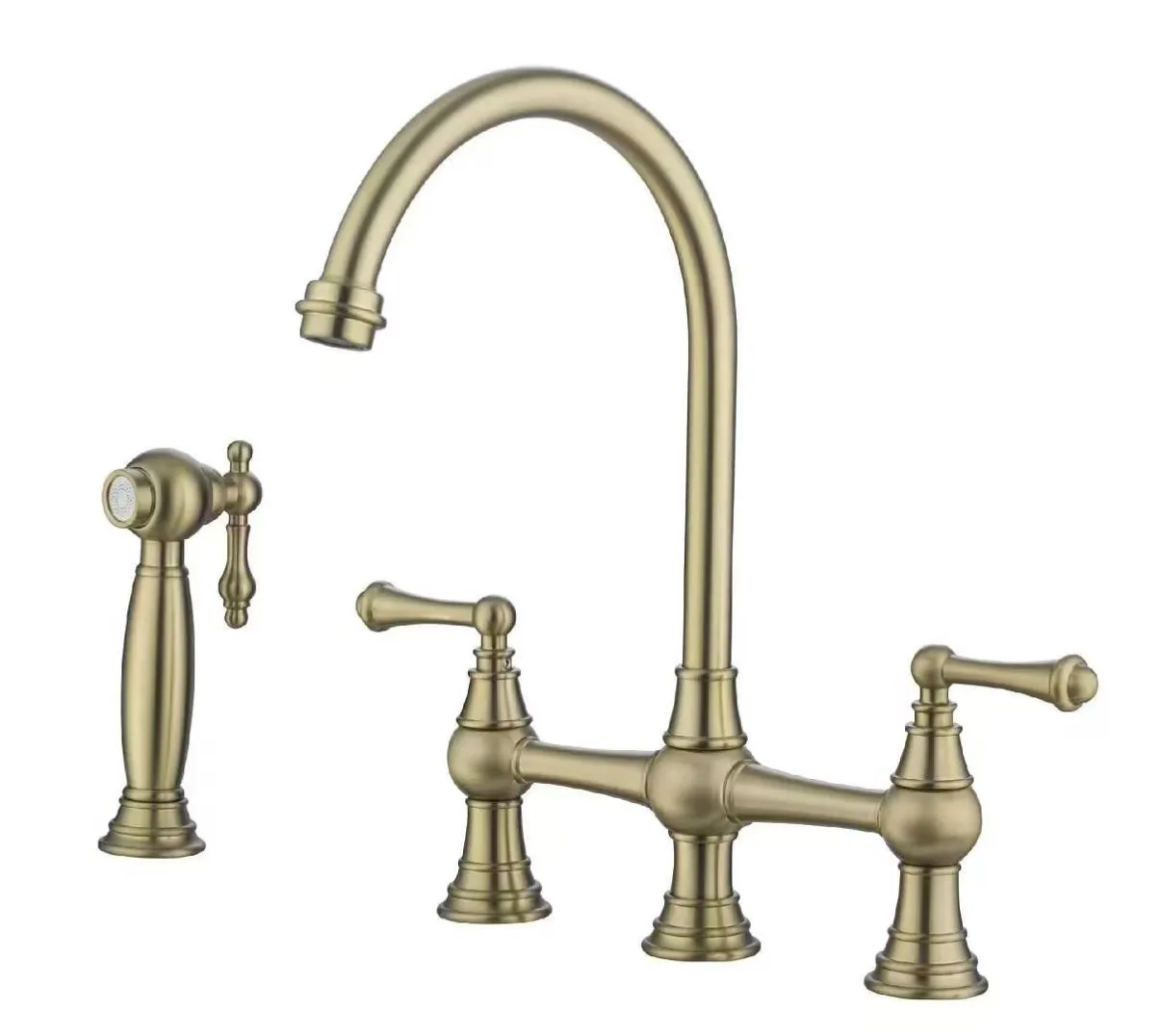Traditional brushed brass bridge kitchen faucet with side sprayer