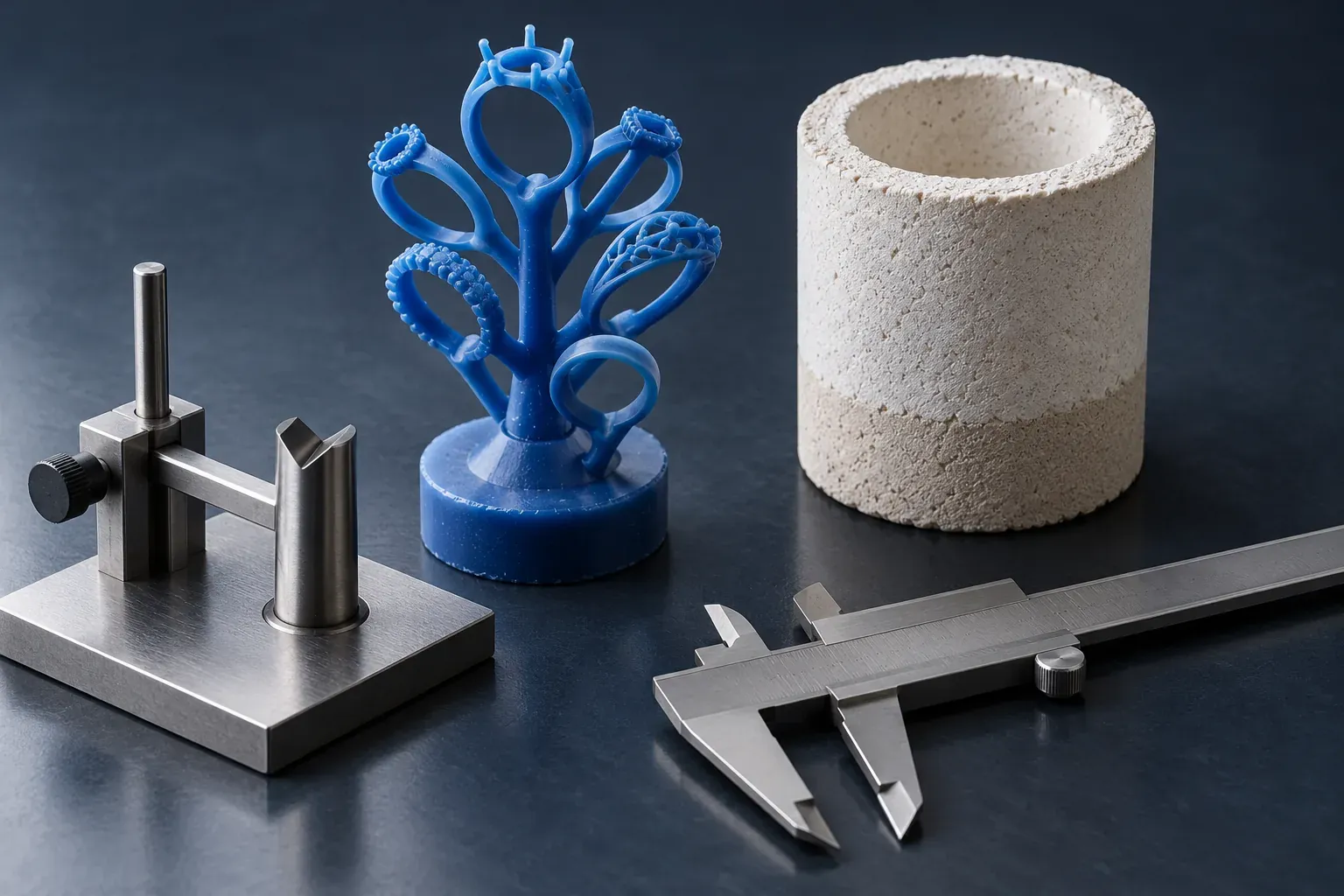 A jewelry wax tree and ceramic investment ring arranged with an orientation jig and unmarked caliper, illustrating axis alignment.