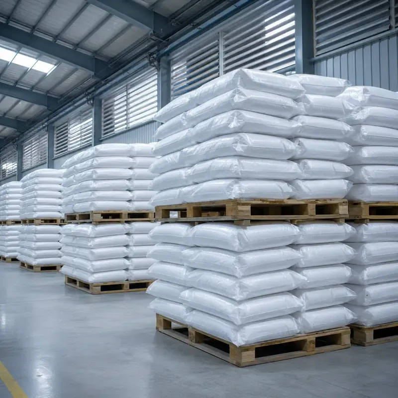 Sealed silica powder bags on pallets in a dry ventilated warehouse