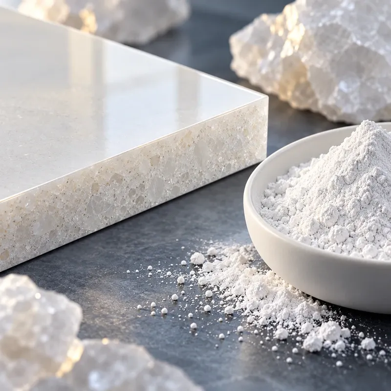 Illustrative polished mineral-cast coupon and cut edge beside a cristobalite powder sample
