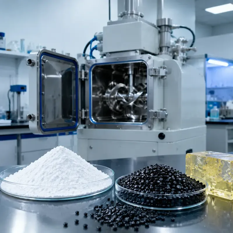 Silica powder, polymer compound pellets and enclosed mixing equipment in a laboratory