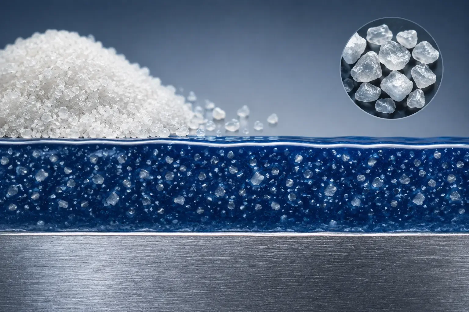 Calcined quartz particles shown within a blue enamel glaze interface