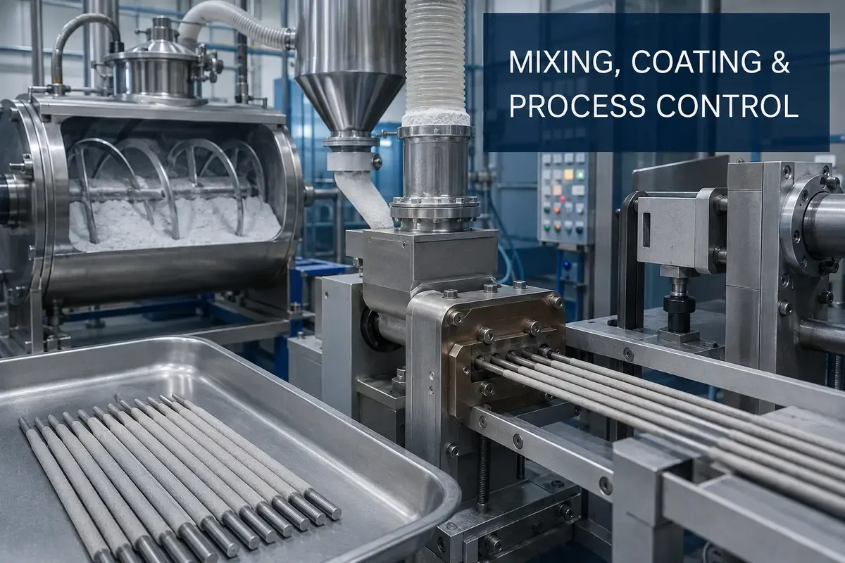 Industrial mixing and coating process control for silica powder in welding electrode formulations