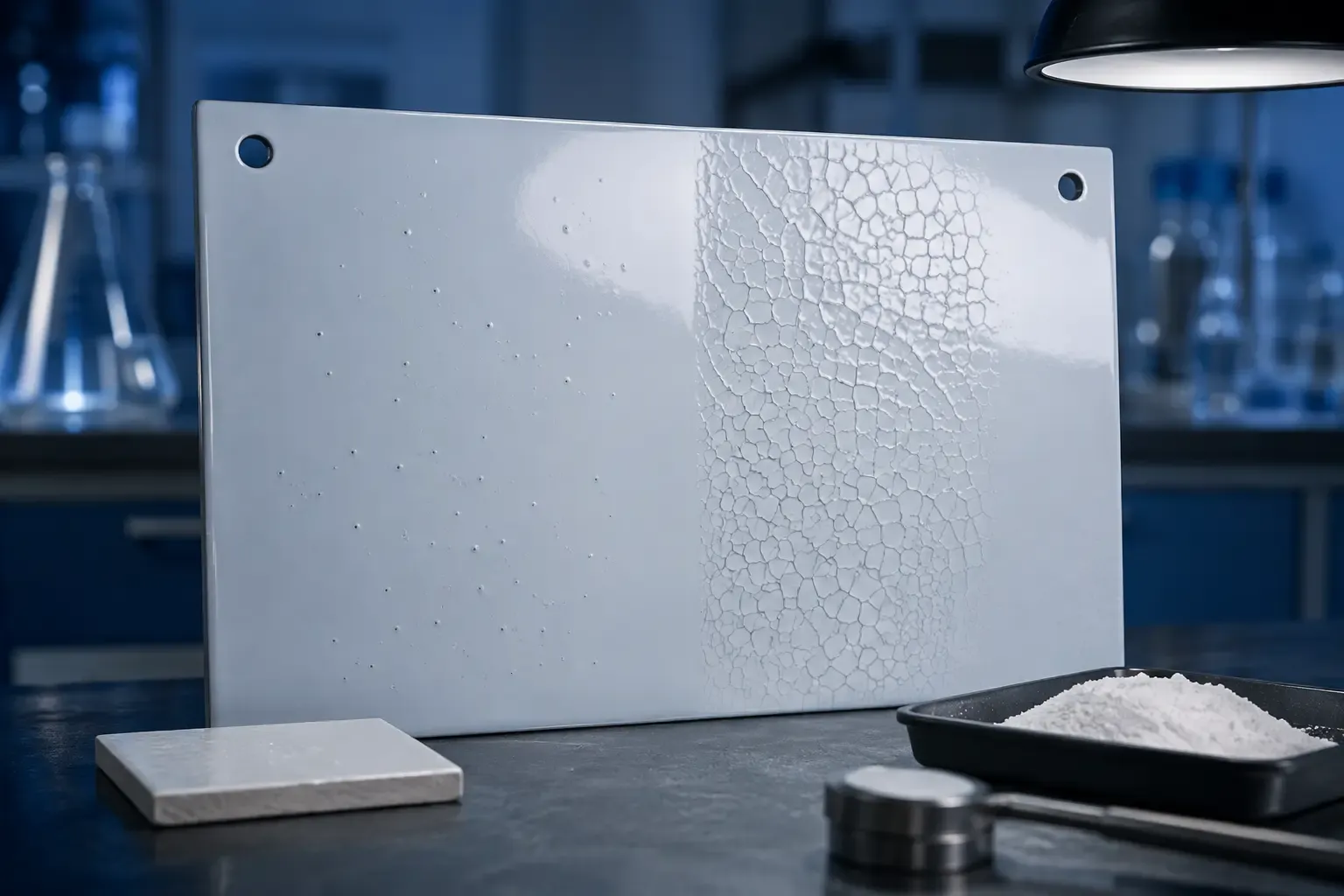 Four enamel-coated test panels arranged for a controlled glaze troubleshooting trial