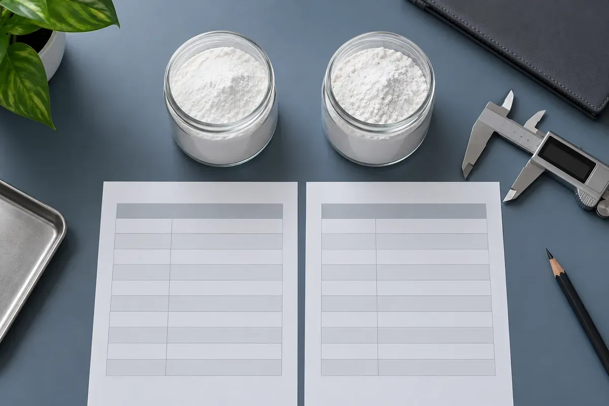 Two silica powder samples beside blank specification comparison sheets