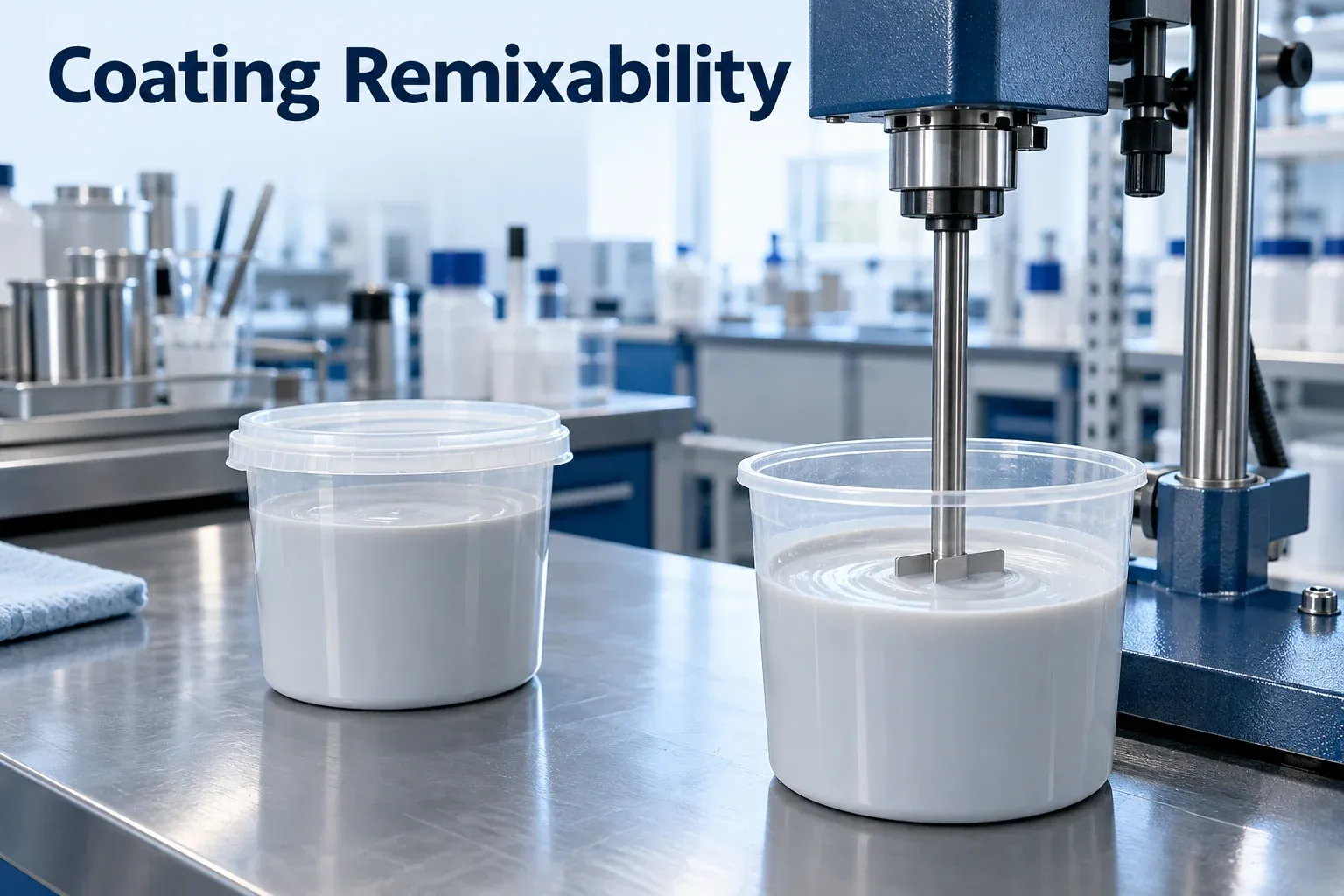 Coating sample cups beside a laboratory overhead mixer