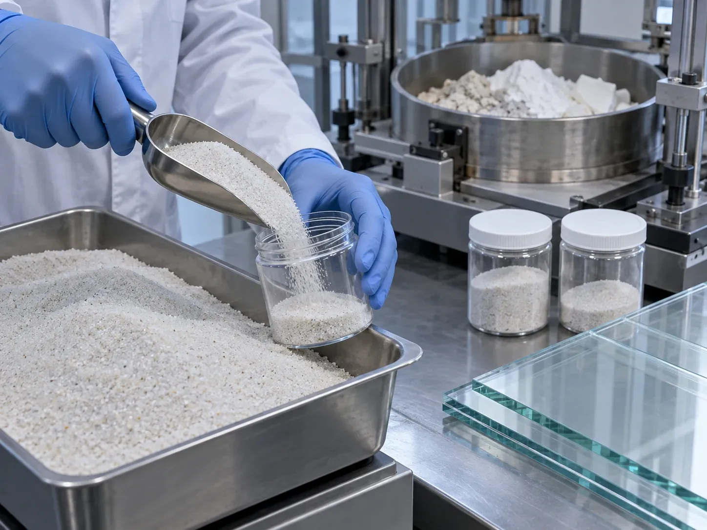 Low-iron quartz sand samples prepared for solar glass batch qualification