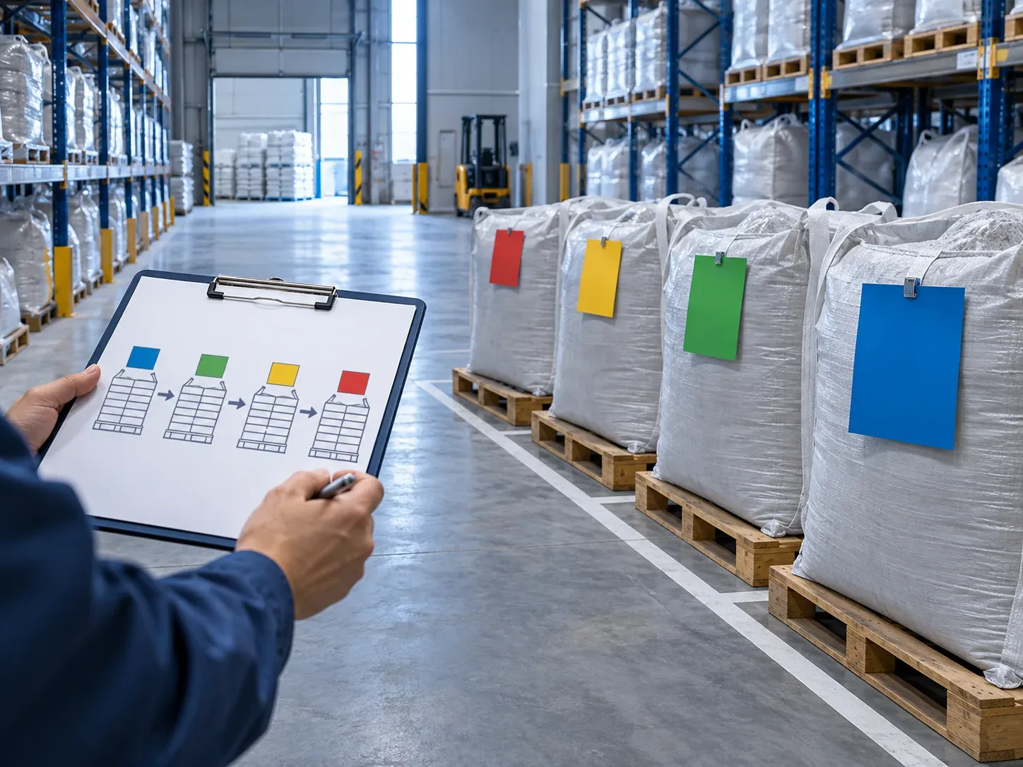 Warehouse pallets marked with color-coded lot rotation cards