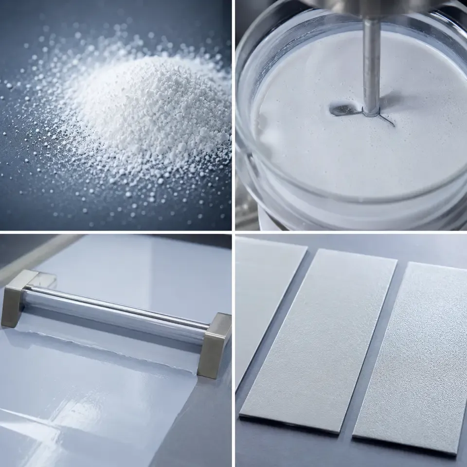 Silica powder, coating drawdown panels and industrial paint formulation equipment