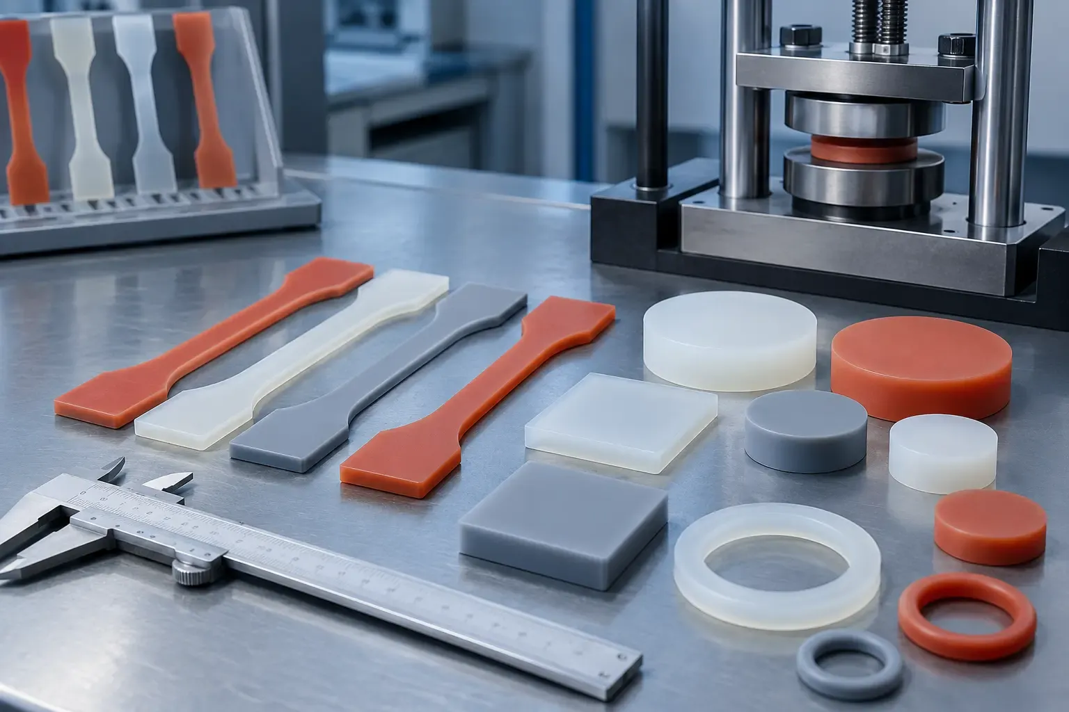Cured silicone-rubber compound test pieces under quality inspection