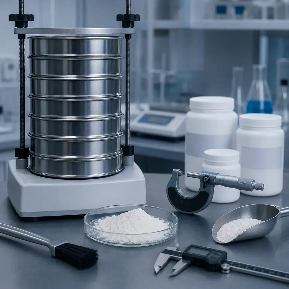 Silica powder RFQ specification sheet beside labeled sample containers and test records