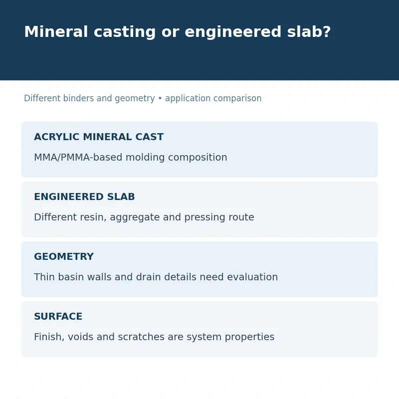 Diagram contrasts molded acrylic sanitaryware geometry and binder flow with flat engineered quartz slab processing