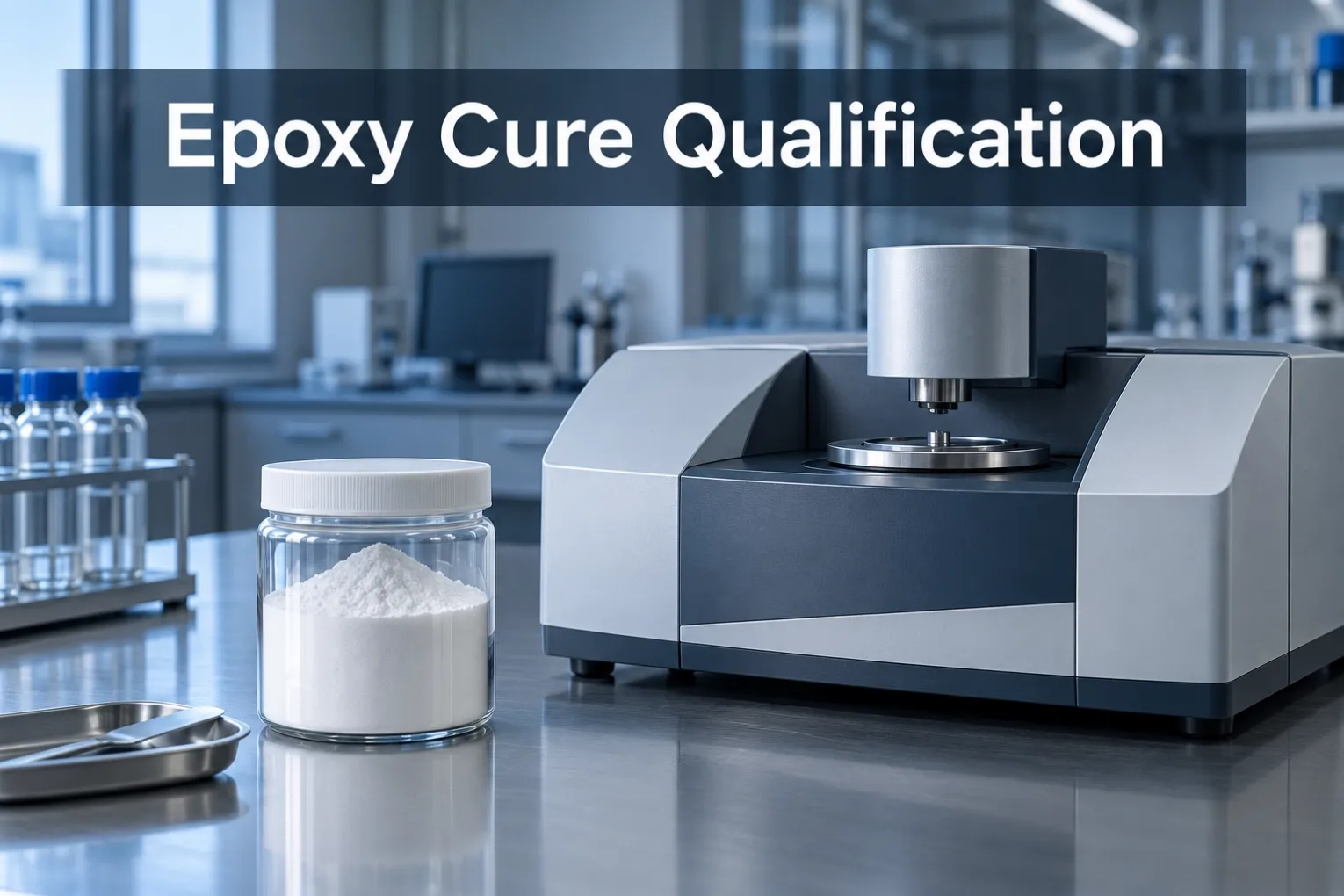 Fine mineral powder sample beside a laboratory differential scanning calorimeter