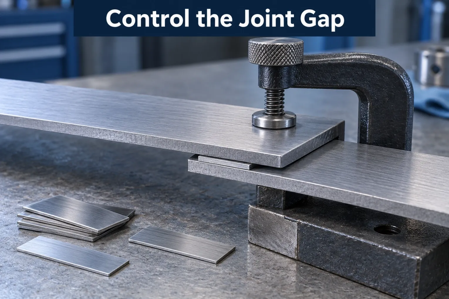 Metal lap joint held in a clamp beside spacer shims