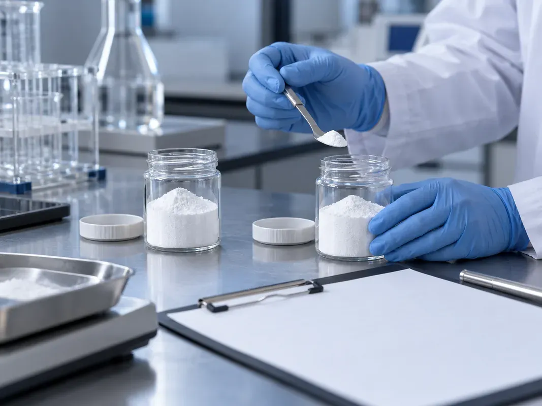 Gloved technician preparing two silica powder retain samples