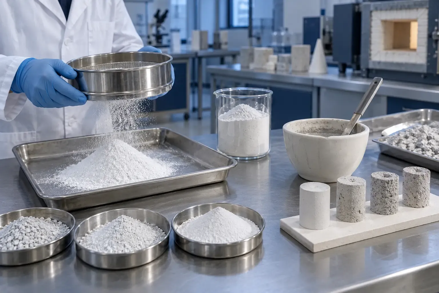 Fused silica gunning mix laboratory screening for particle size and moisture control