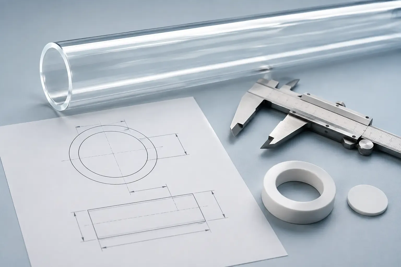 Clear quartz tube with OD ID and wall-thickness drawing and precision caliper