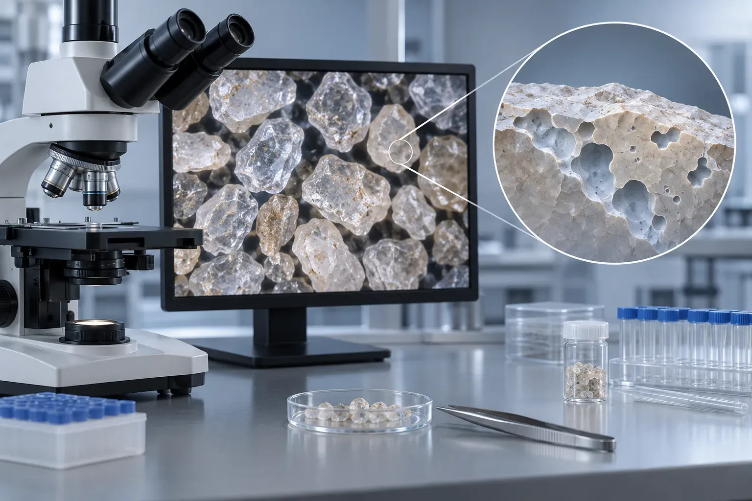 A microscope view of quartz grains with a magnified surface inset, illustrating visual examination of grain condition.