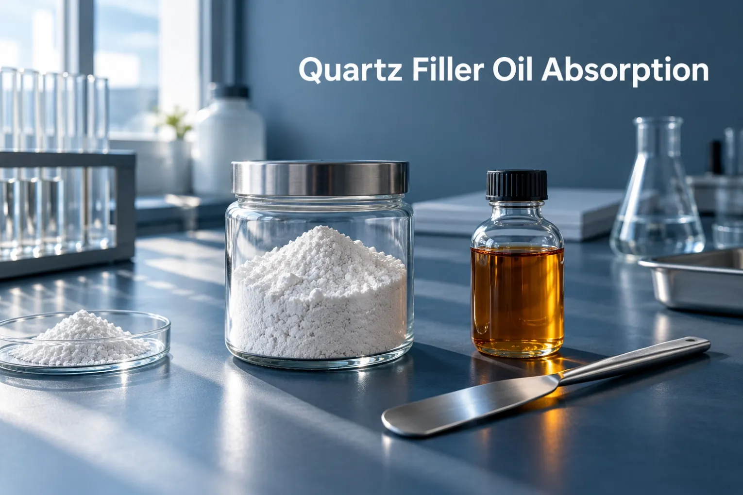 Quartz filler sample with an amber test-liquid bottle and spatula