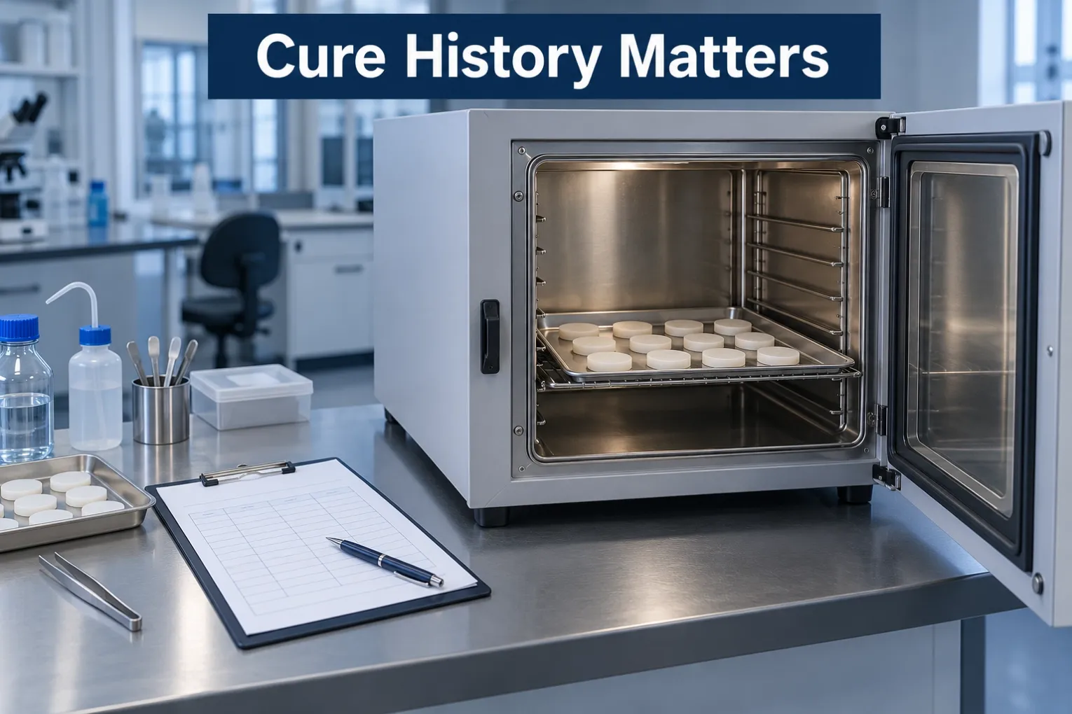 Cure History Matters Silicone test discs in a laboratory oven beside blank specimen records