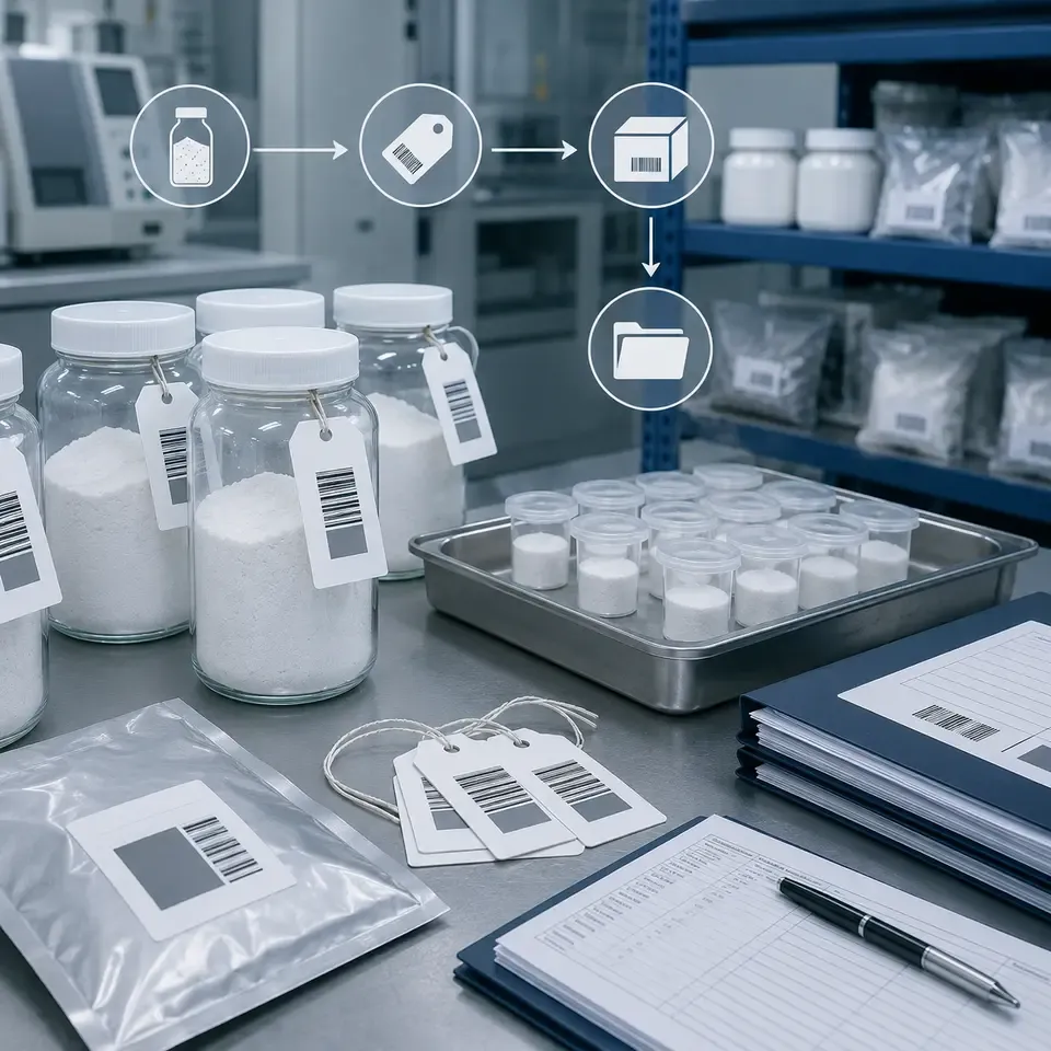 Silica powder lot traceability workflow connecting bags, samples and technical records