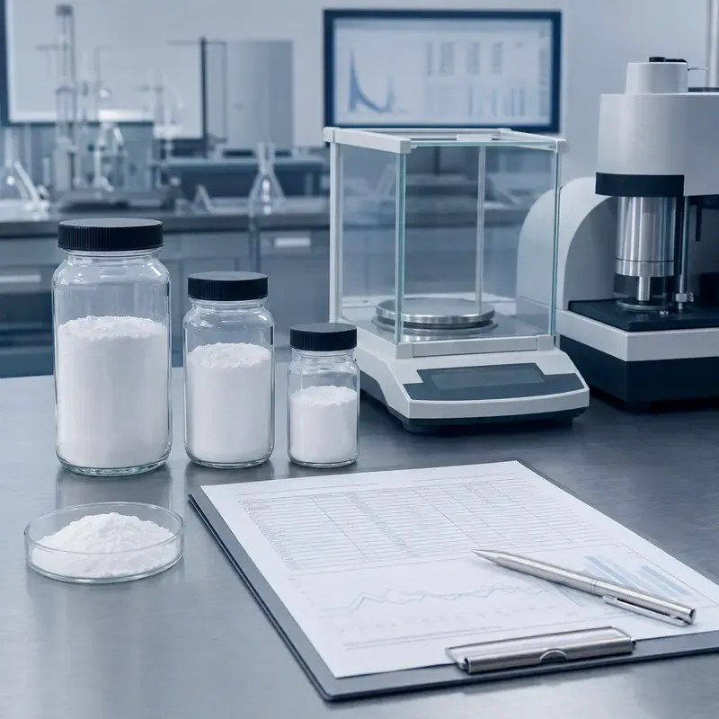Silica powder certificate of analysis review beside sample containers and laboratory records