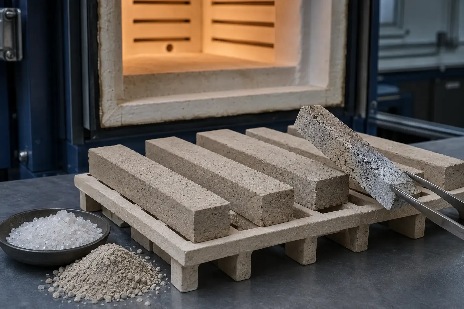 Refractory castable test bars during fused silica thermal cycling evaluation