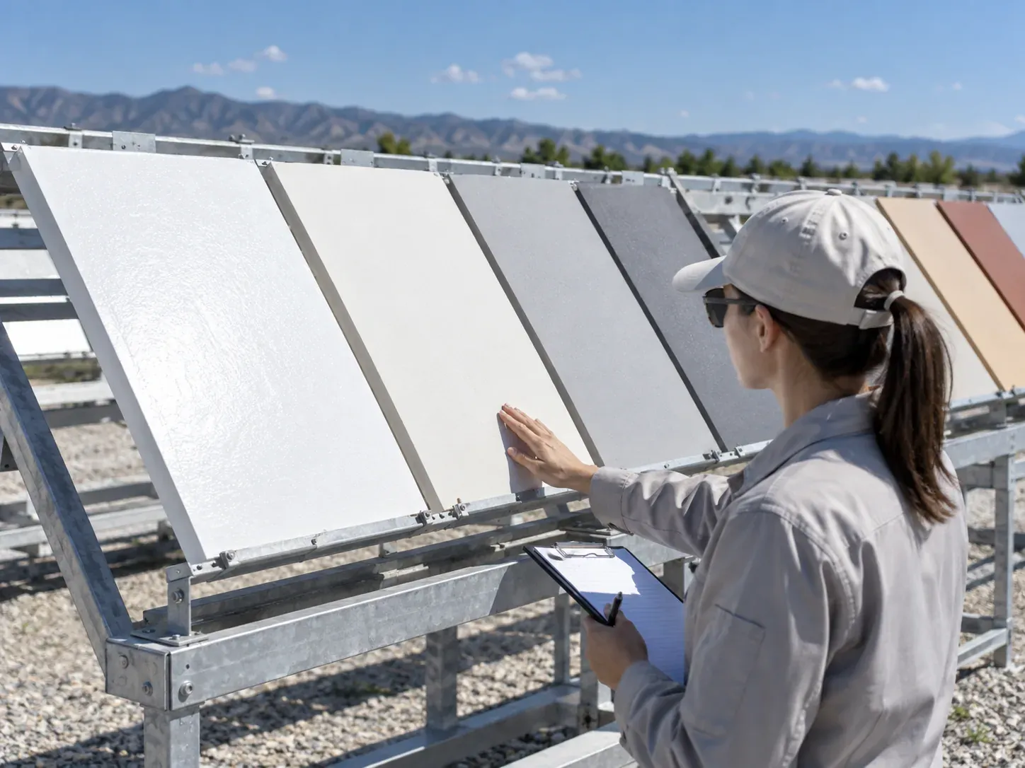 Weathering evaluation panels for cristobalite-filled reflective roof coating