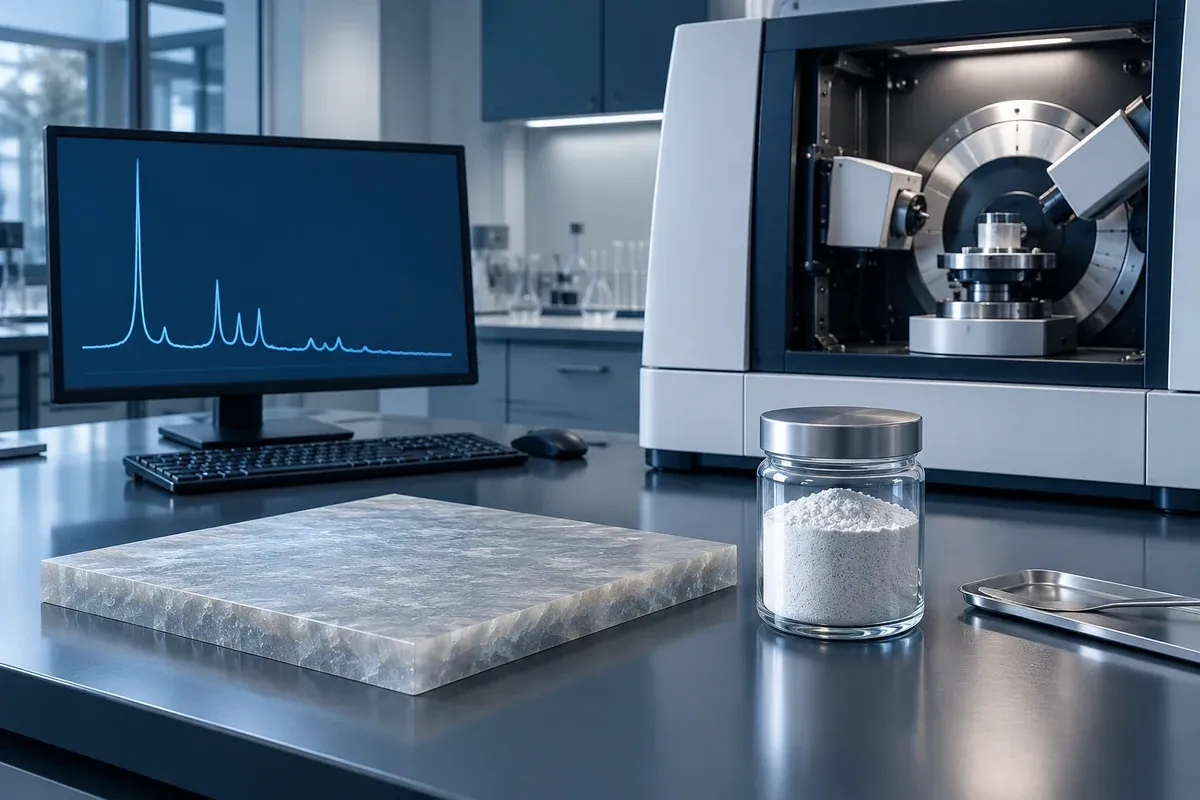 Cured resin slab, filler sample and XRD instrument in a laboratory setting; illustrative evidence review