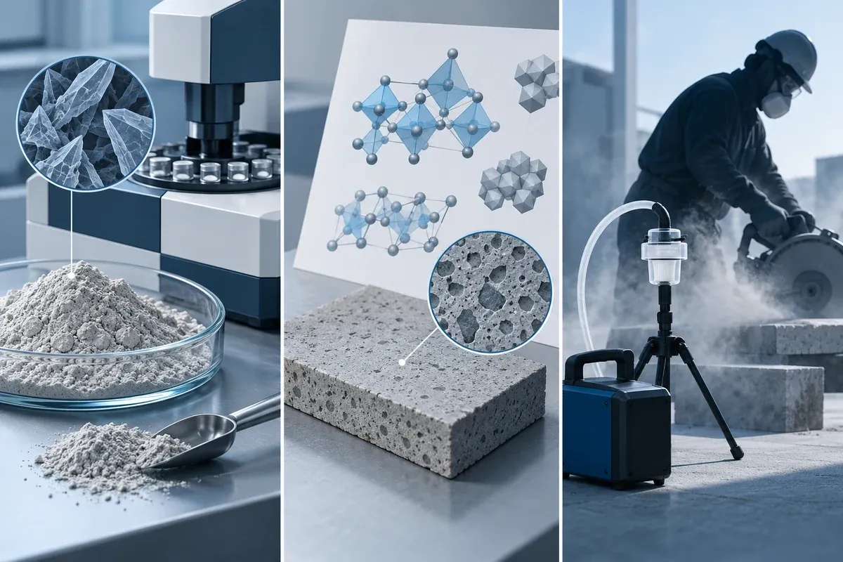 Illustrative separation of incoming filler phase evidence, cured-slab composition and task-based dust exposure evidence