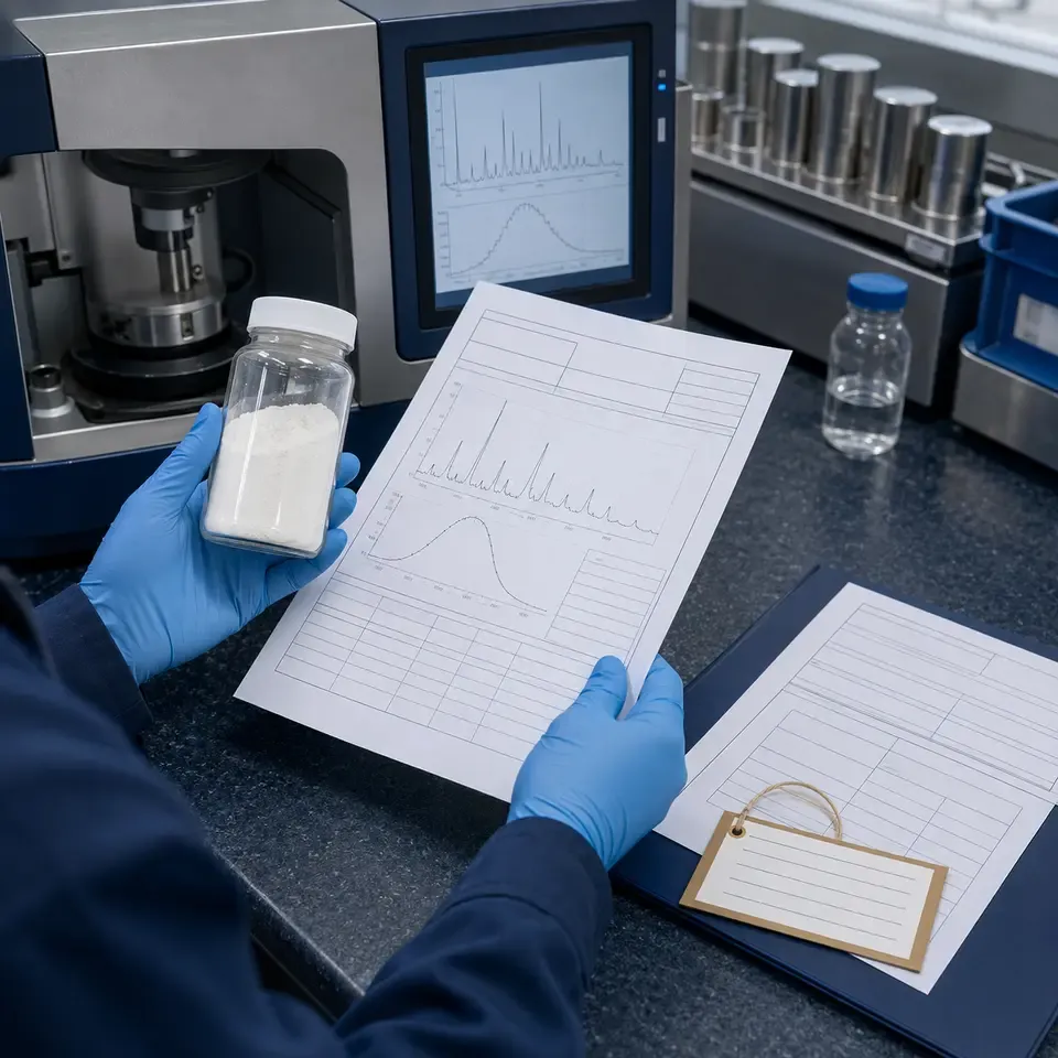 Silica powder sample and laboratory quality testing workflow with particle-size and XRD review