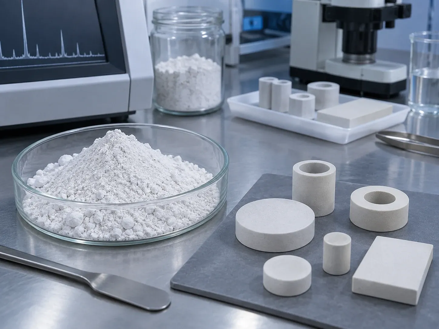 Cristobalite powder and technical ceramic test bodies prepared for a phase-controlled trial