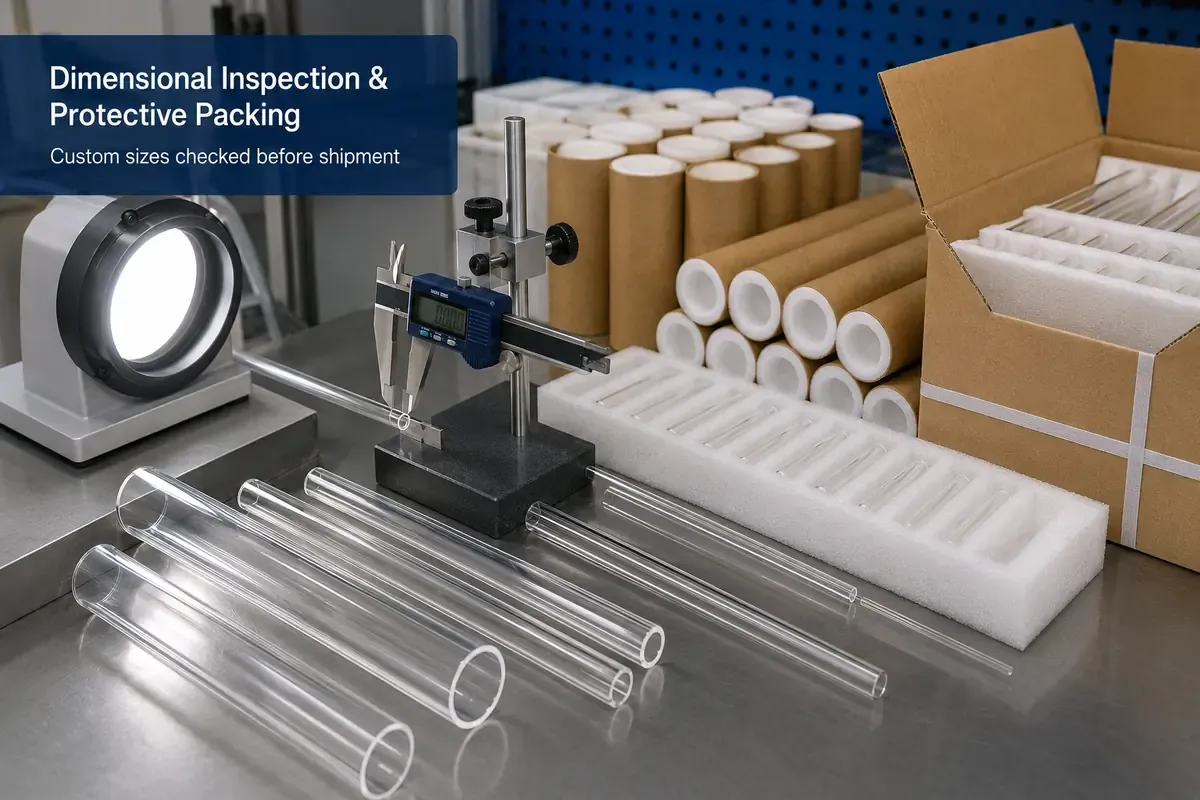 Dimensional inspection and protective paper-tube packing for quartz tubes and rods