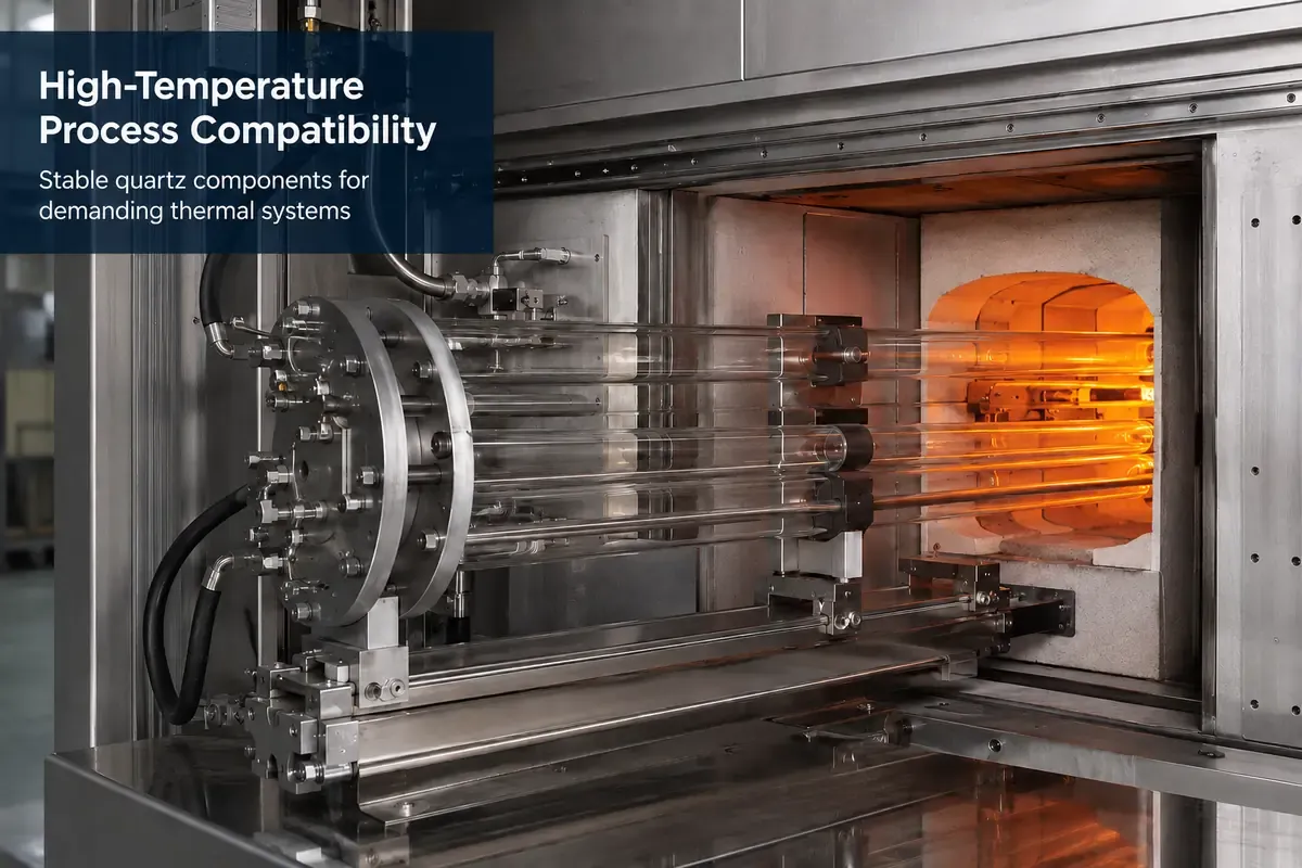 Quartz tubes installed in high-temperature industrial thermal processing equipment