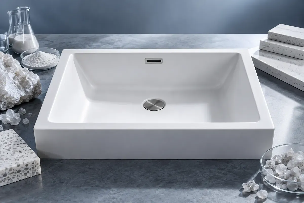 A white mineral-cast sink basin presented against a restrained blue-grey technical studio backdrop.
