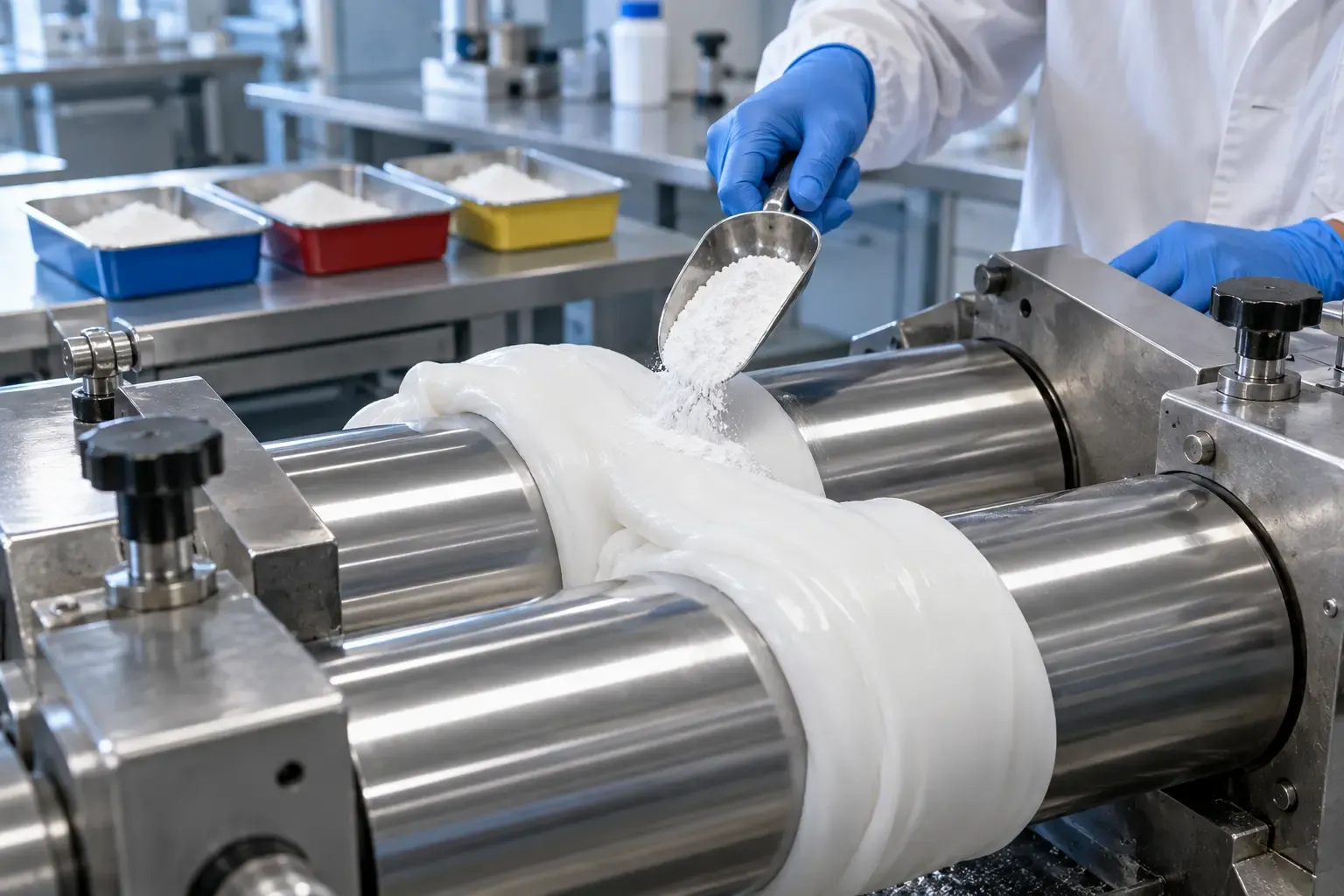 Two-roll mill trial for dispersing calcined cristobalite in high-consistency silicone rubber