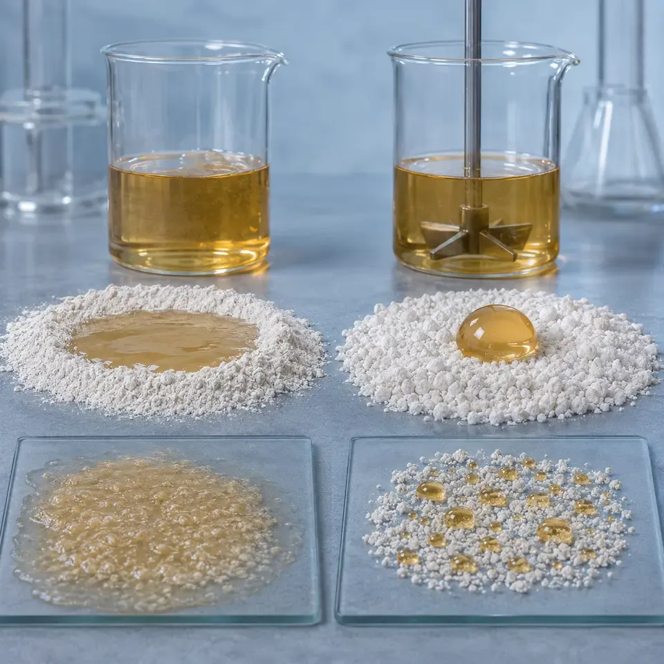 Hydrophobic natural quartz silica powder and resin wetting comparison in a technical laboratory