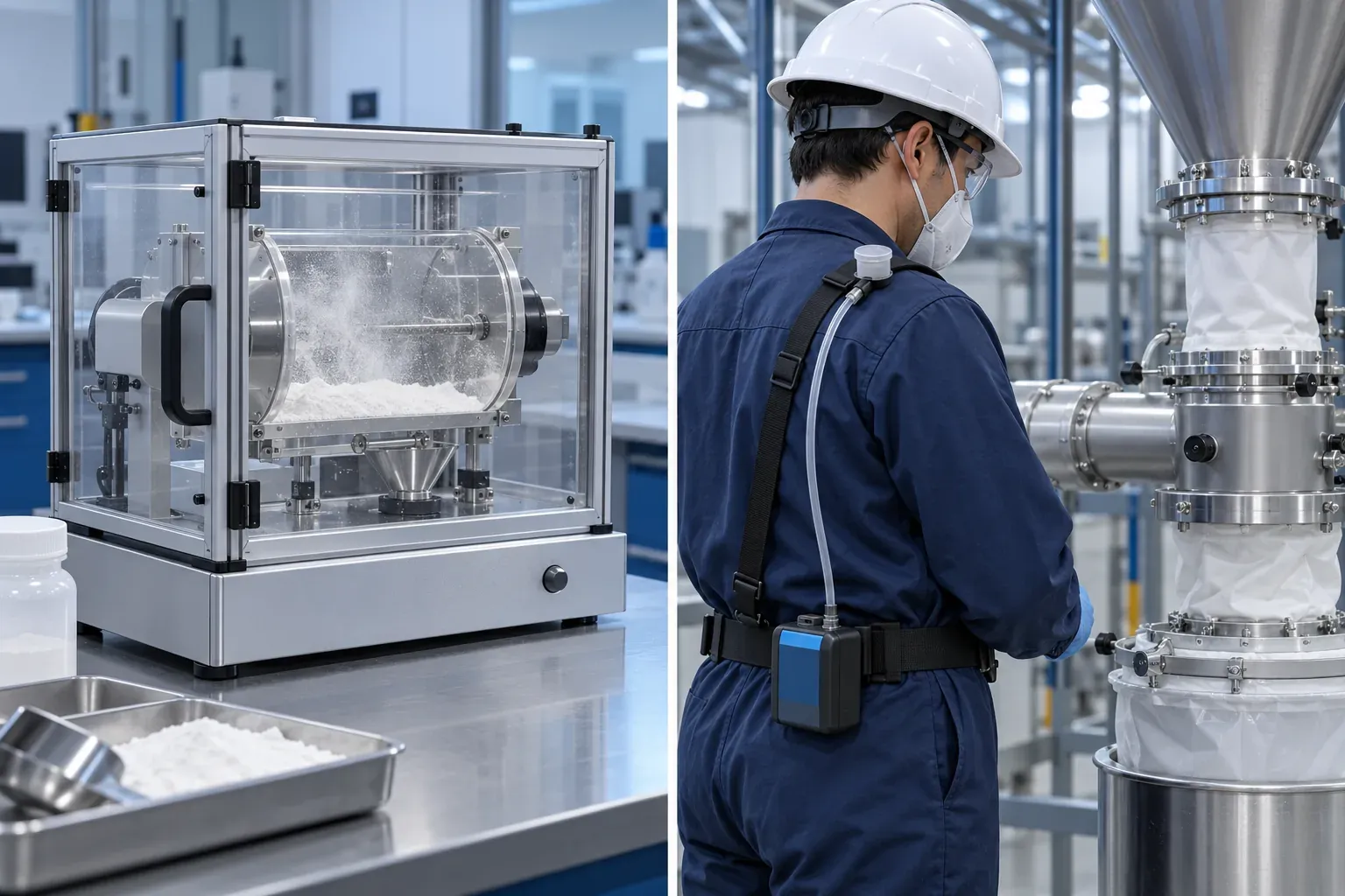 An industrial operator wearing a personal sampling device beside enclosed powder handling equipment, illustrating distinct sampling and dustiness contexts.