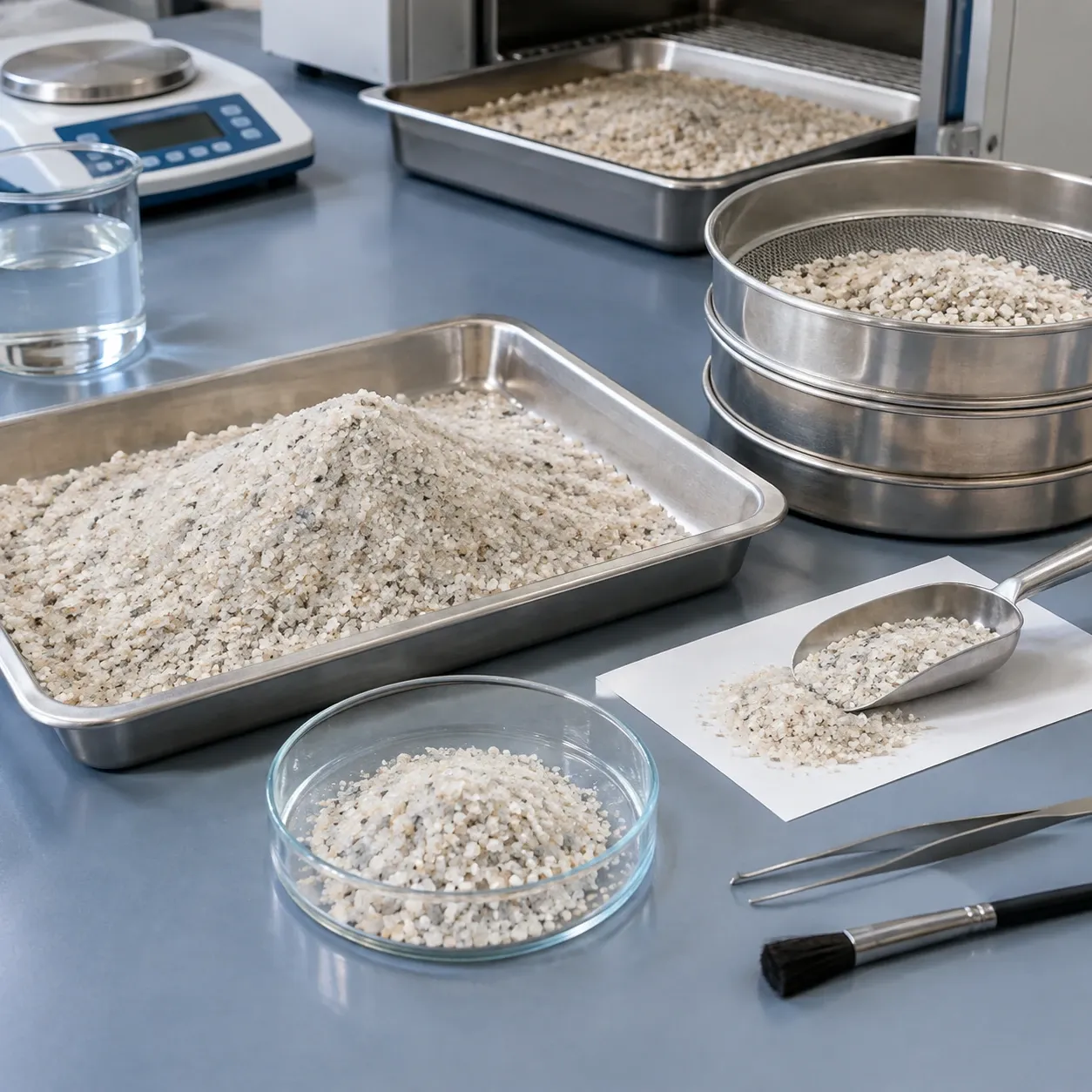 Washed quartz sand aggregate moisture and grading quality-control inspection setup