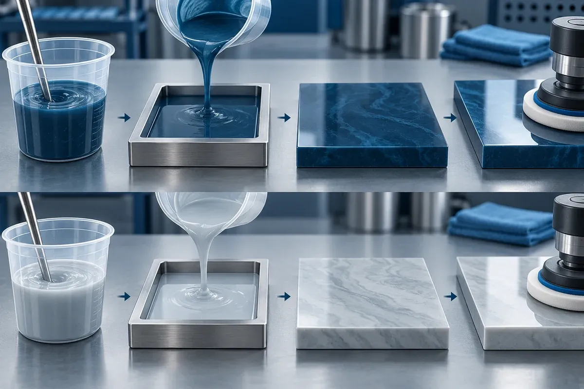 Illustrative paired resin-slab trials using consistent mixing, casting and polishing conditions
