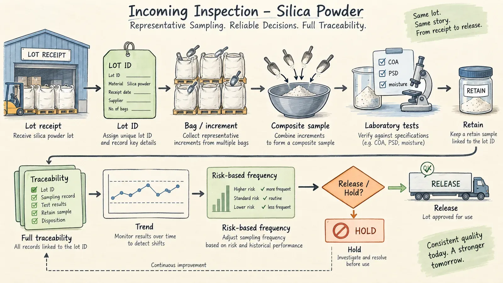 Incoming silica powder inspection sampling and traceability workflow