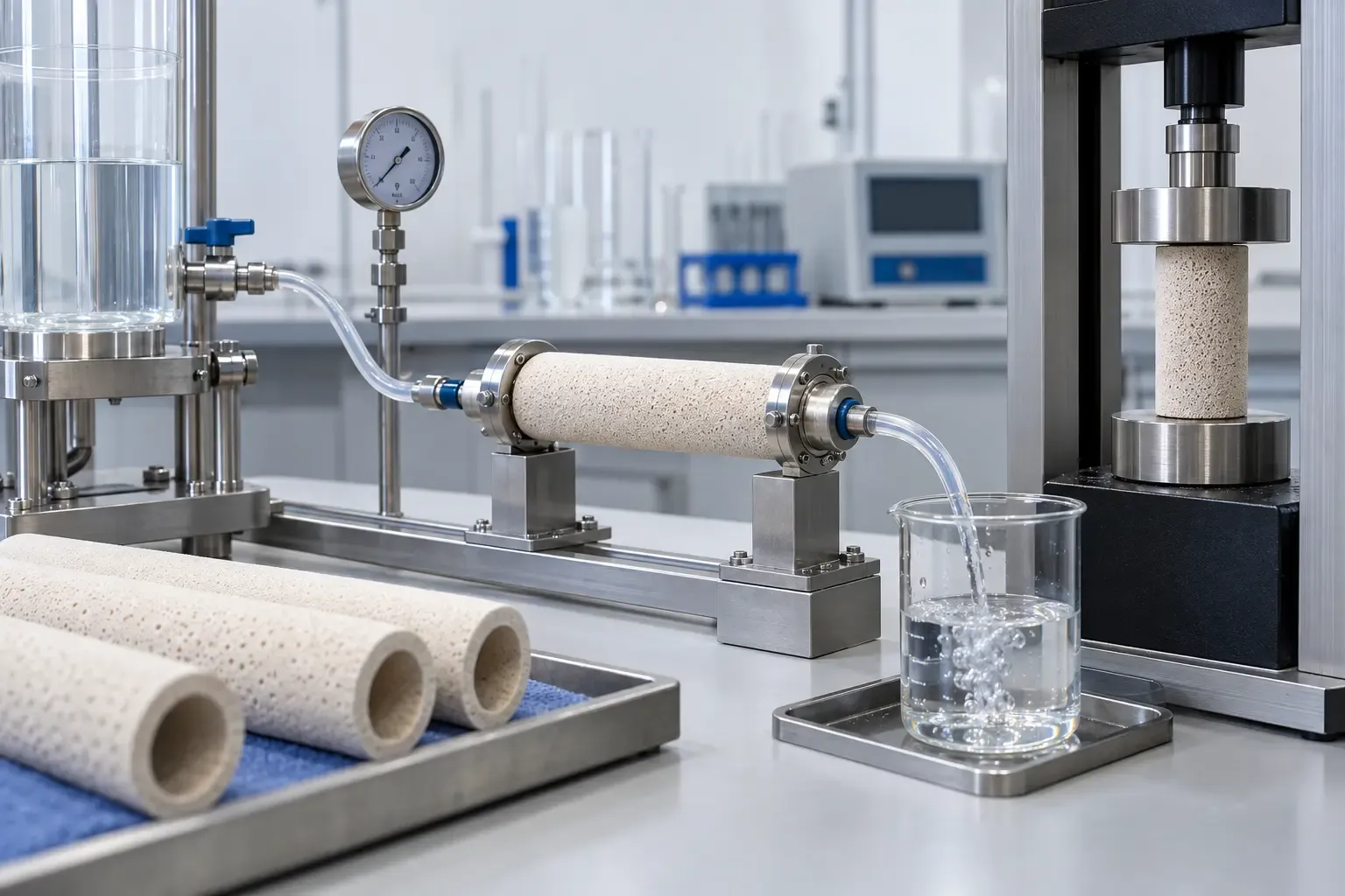Testing fired porous ceramic membrane supports for porosity strength and permeability