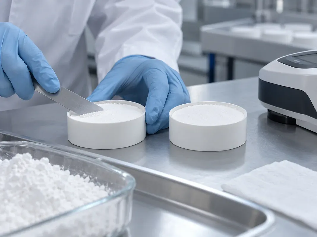 Technician leveling two powder sample cups beside a colorimeter