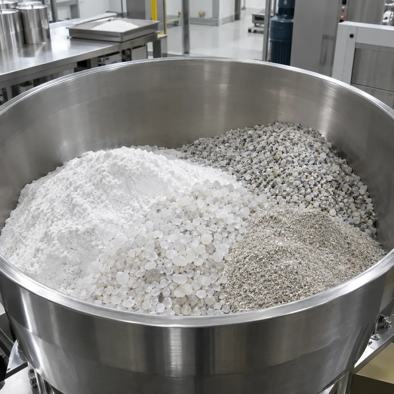 Controlled dry blending setup for cristobalite filler and quartz aggregate mineral mix