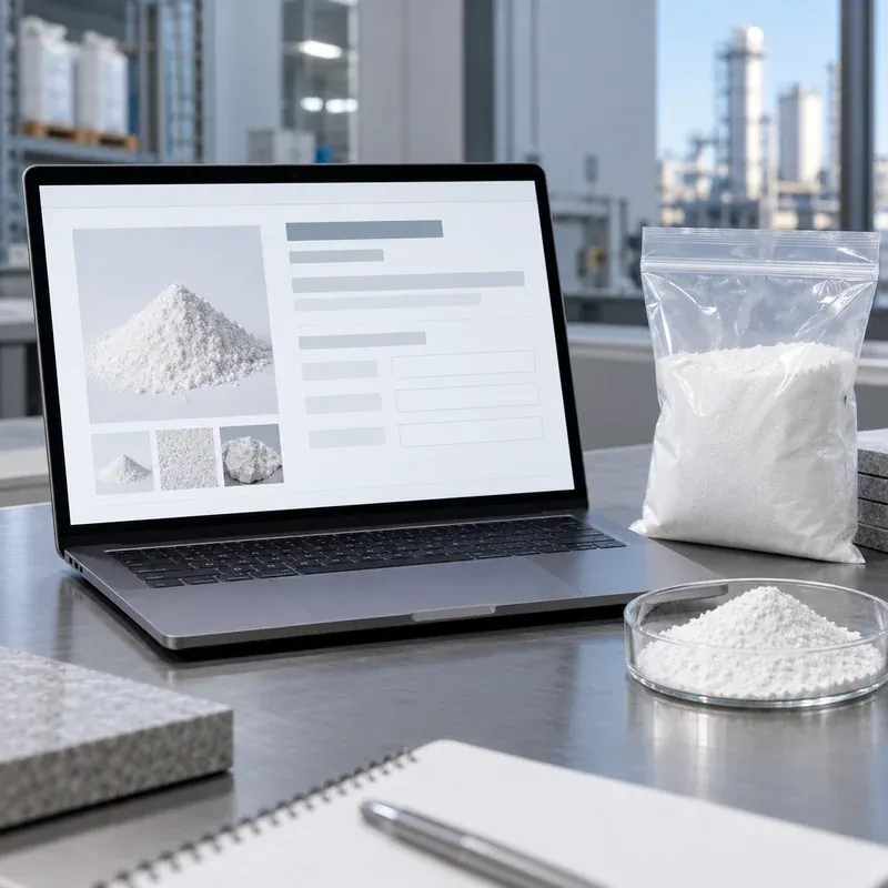 Unbranded industrial silica listing with blank identity fields and sample