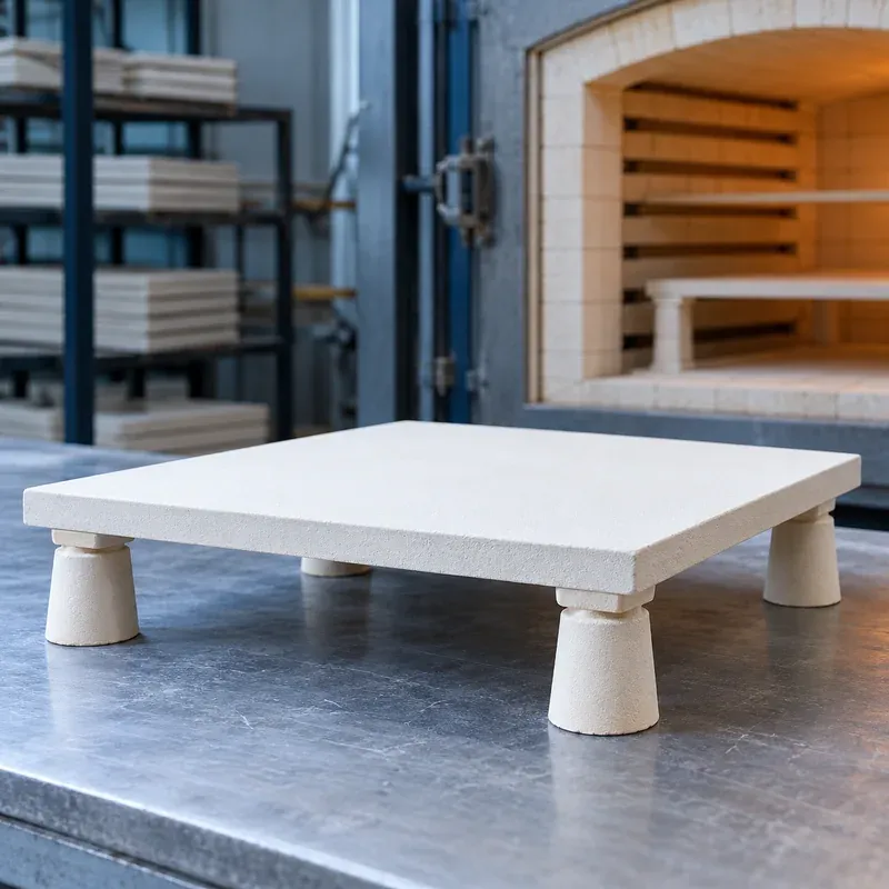 Ceramic setter plate resting on four support points near a kiln