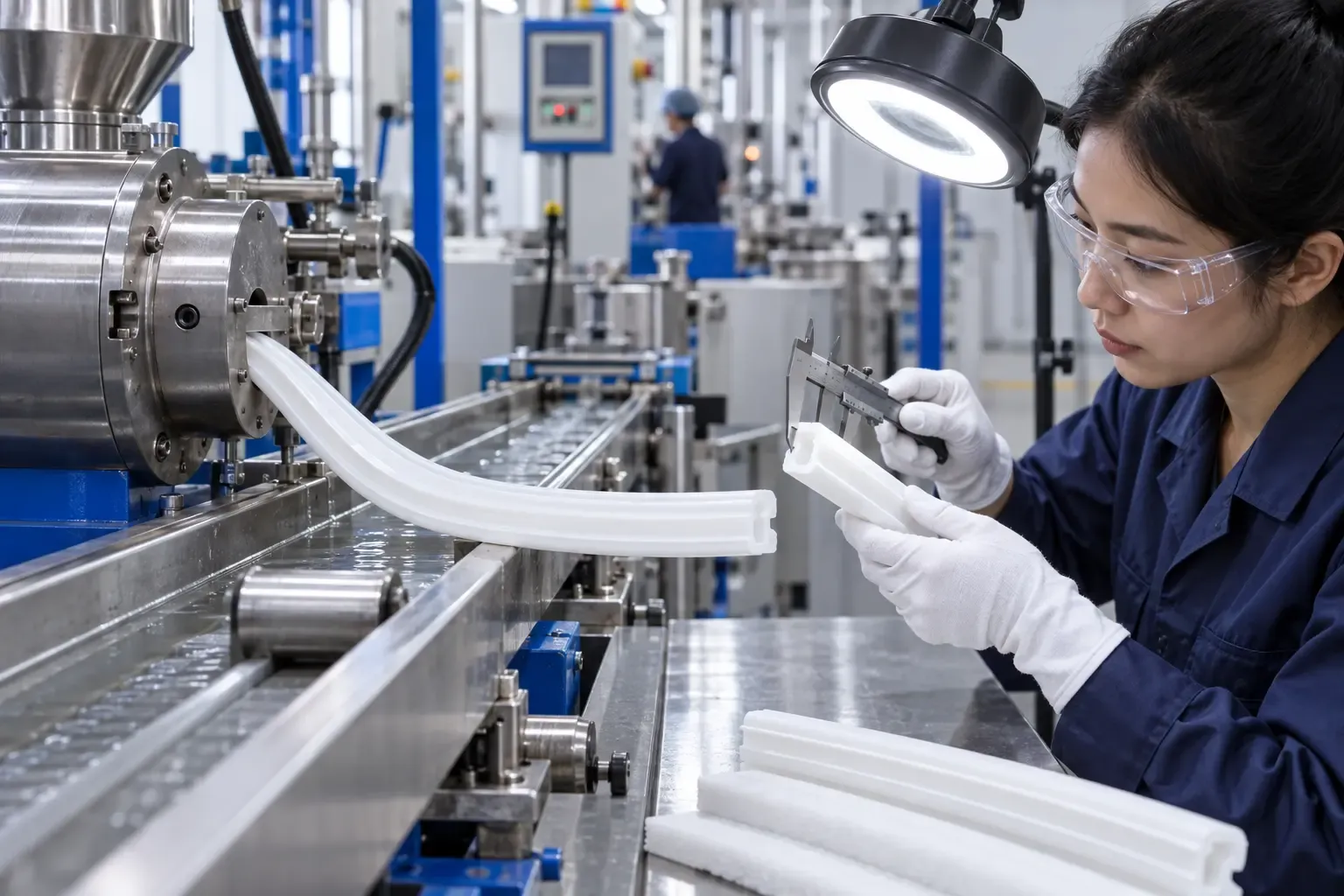 Silicone rubber extrusion line inspecting profile dimensions and surface quality